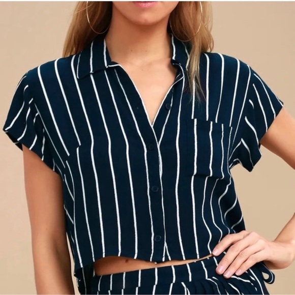 Billabong Tropical Crush Navy Blue Striped Button-Up Crop Top- Size Small - Picture 12 of 14